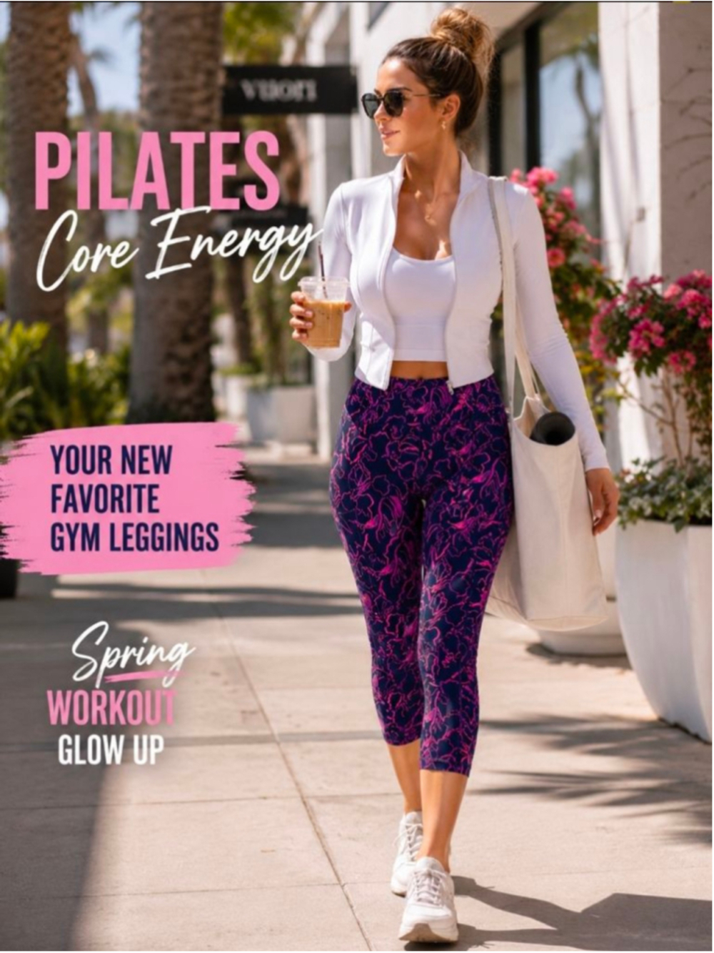 AVIA Floral Capri Leggings Navy Pink High Rise Pocket Activewear Women’s L